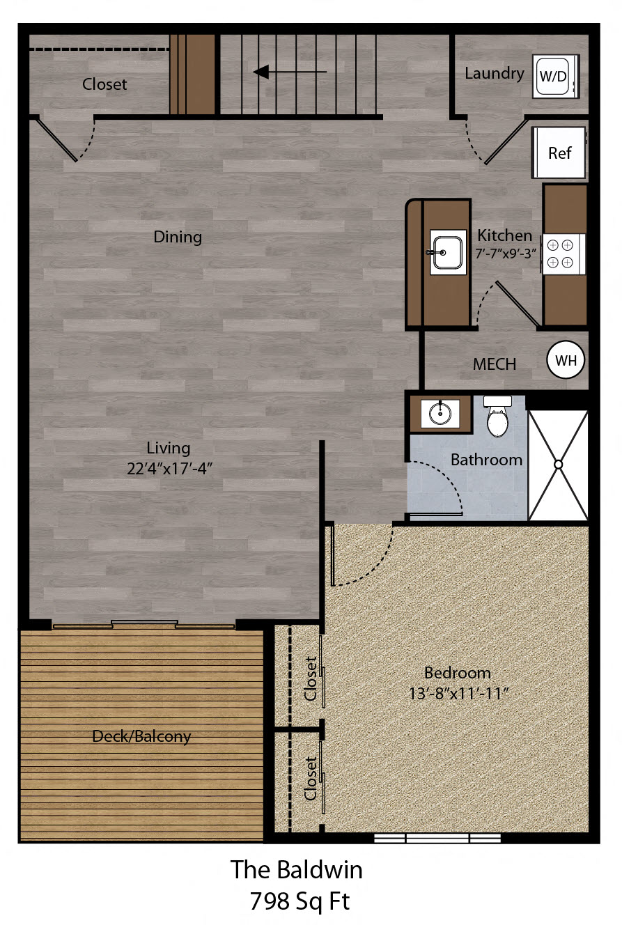 Floor plan for 1 bed, 1 bath, 798 sqft